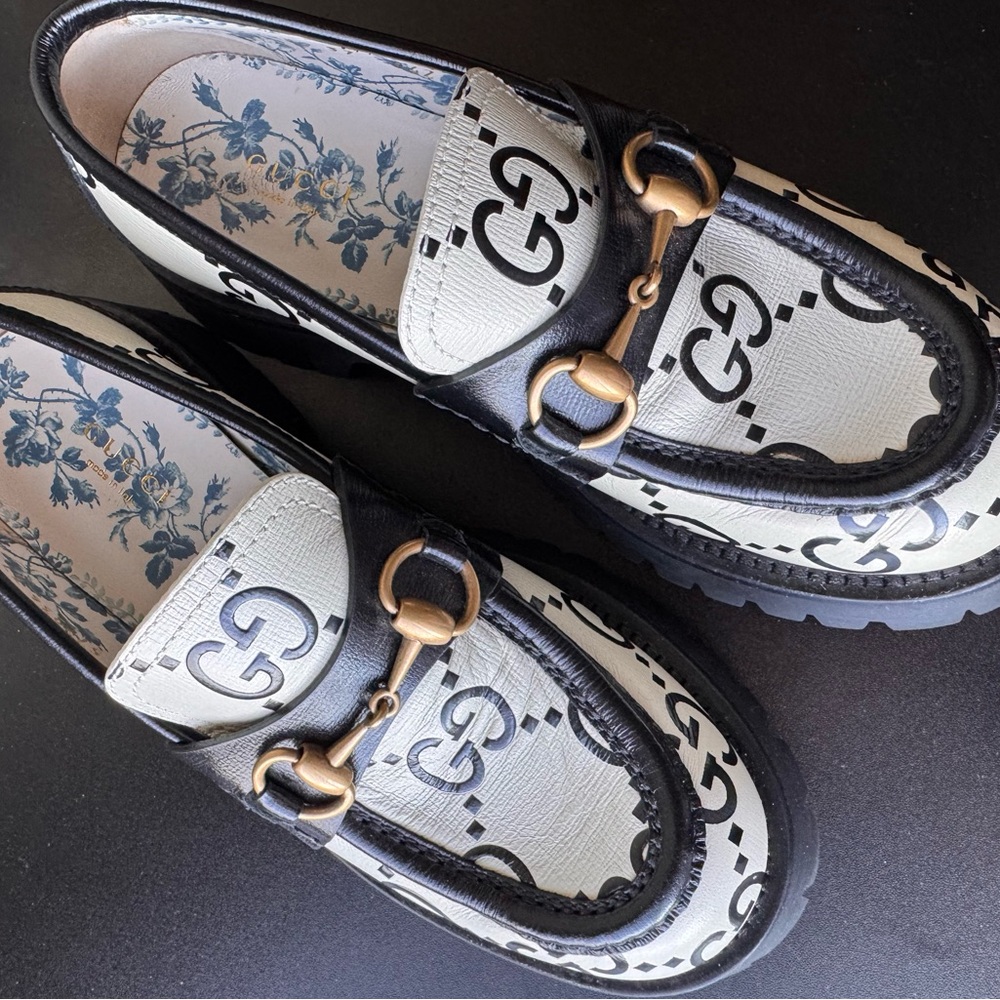 Gucci Harald Horsebit loafers in white and black GG printed leather